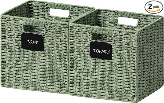 UBBCARE 2 Pack Wicker Basket, 10.5×10.5 Storage Cubes with Label, Foldable Cube Storage Bin with Handle, Square Storage Basket for Shelves, Woven Paper Rope Basket for Organizing, Green by UBBCARE