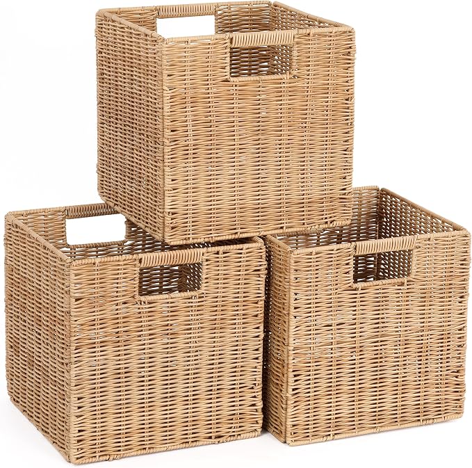 10.5 x 10.5 in Plastic Wicker Baskets for Cube Storage, Collapsible Square Wicker Storage Basket Set of 3, Rattan Storage Cube, Square Baskets for Shelves - Khaki by TAIMEI%26G02