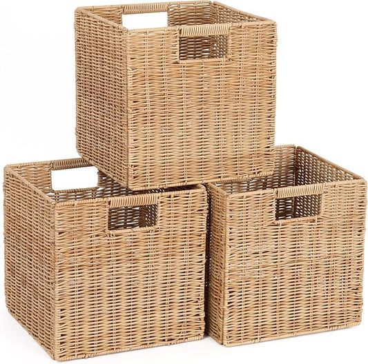 10.5 x 10.5 in Plastic Wicker Baskets for Cube Storage, Collapsible Square Wicker Storage Basket Set of 3, Rattan Storage Cube, Square Baskets for Shelves - Khaki by TAIMEI%26G02