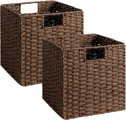 StorageWorks 11 inch Cube Storage Bins, Wicker Storage Cubes 11x11x11,Brown | 2-Pack, Handwoven Square Cubes Baskets, Foldable Paper Rope Baskets for Organizing, Square Baskets, Wicker Basket for Storage by StorageWorks