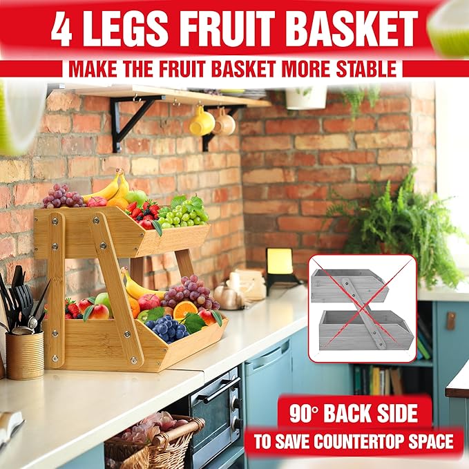 16.5" Fruit Stand Storage Holder 4 Sturdier Legs, 2-Tier Fruit Basket Bowl | Premium Produce Basket for Kitchen, Bamboo Fruit Bowl Holder for Fruit, Vegetables, Bread, Snacks, Countertop Organizer - Image 2