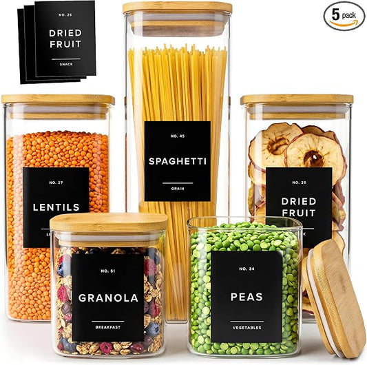 Glass Pantry Storage Jars Containers with Bamboo Lids and Labels - Set of 5 | Extra Thick Square Glass Canisters with Bamboo Wood Lids and 54 Pre-printed Pantry Labels keeps dry Goods Fresh and Organized by EDELHAUS