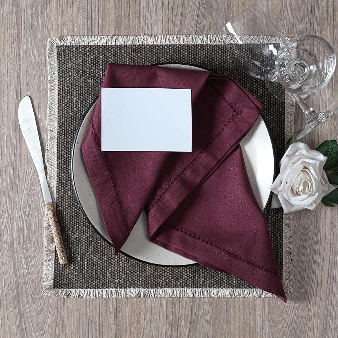Ramanta Home Burgundy Cloth Dinner Napkin Set of 12-18x18 Inch | Cotton Linen Flax Hemstitched Napkins Washable for Everyday Use - Image 6