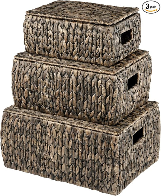 Set of 3 Black Wicker Baskets with Lid - Black Baskets for Organizing, Storage by 84ECO