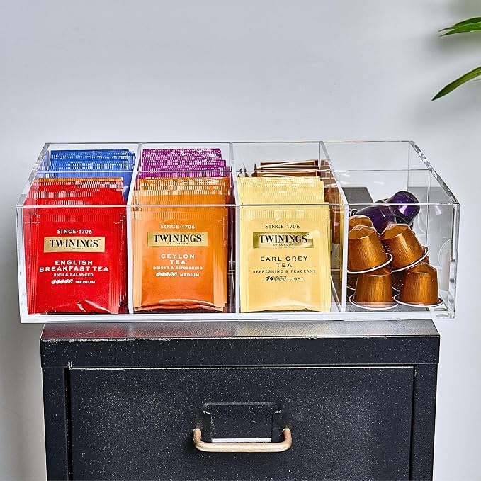Heavy-Duty Acrylic Tea Bag Organizer, 8-Compartment Storage Box | Perfect Organizer: 8-compartment design keeps tea bags and coffee pods neatly sorted, saving space on your countertop. - Image 2