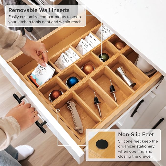Utensil & Tea Bag Drawer Organizer, Bamboo | 14-compartment design, removable dividers, non-slip feet, sustainable bamboo - Image 6