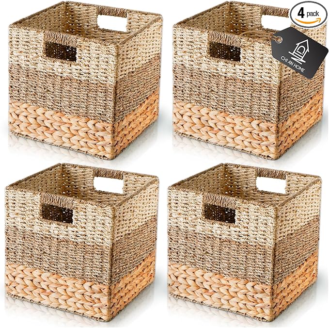 11x11 Wicker Storage Cubes Storage Baskets For Shelves Set 4 | 10.5 x 10.5 Water Hyacinth Storage Baskets Woven With Seagrass, Palm Leaf. Foldable Square Baskets With Carry Handles by ChiAnHome