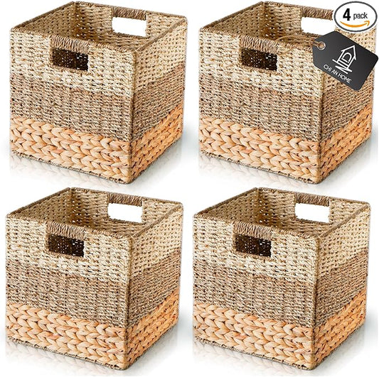 11x11 Wicker Storage Cubes Storage Baskets For Shelves Set 4 | 10.5 x 10.5 Water Hyacinth Storage Baskets Woven With Seagrass, Palm Leaf. Foldable Square Baskets With Carry Handles by ChiAnHome