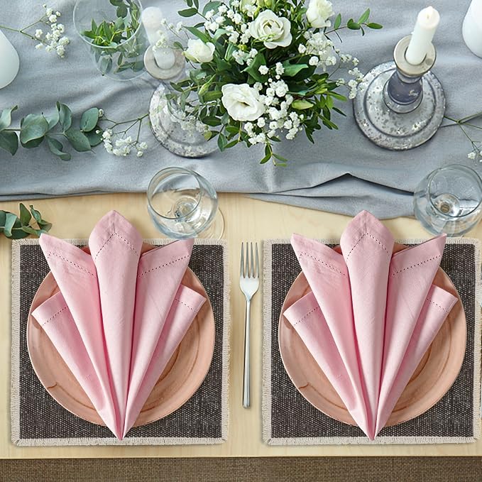 Ramanta Home Pink Cloth Dinner Napkin Set of 4-18x18 Inch | Cotton Linen Flax Hemstitched Napkins Washable for Everyday Use - Image 3