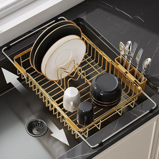 JASIWAY Gold Dish Drying Rack Over the Sink with Utensil Holder | Expandable Stainless Steel Dish Driainers for Small Kitchen, Counter Space Saving, Fast Drain, Rust Resistant, For Apartment by JASIWAY
