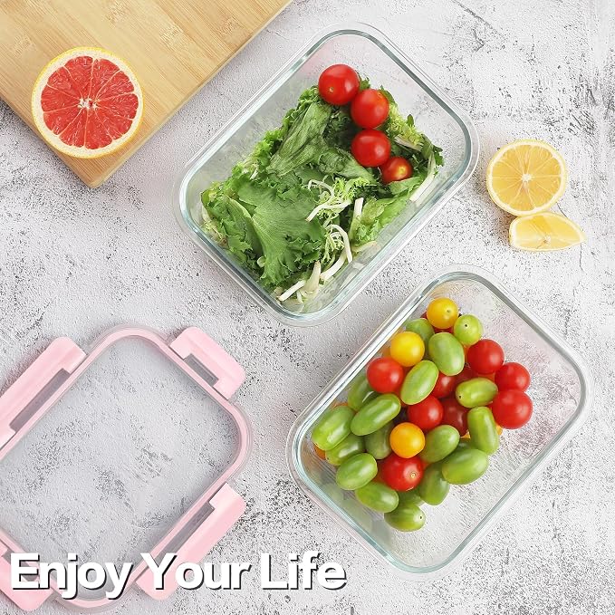 10 Pack Borosilicate Glass Meal Prep Containers with Locking Lids, Glass Food Storage Containers Set, Airtight Lunch Bento Boxes, BPA-Free & Leak Proof, 36oz & 14oz, Freezer, Oven Safe-Pink - Image 2