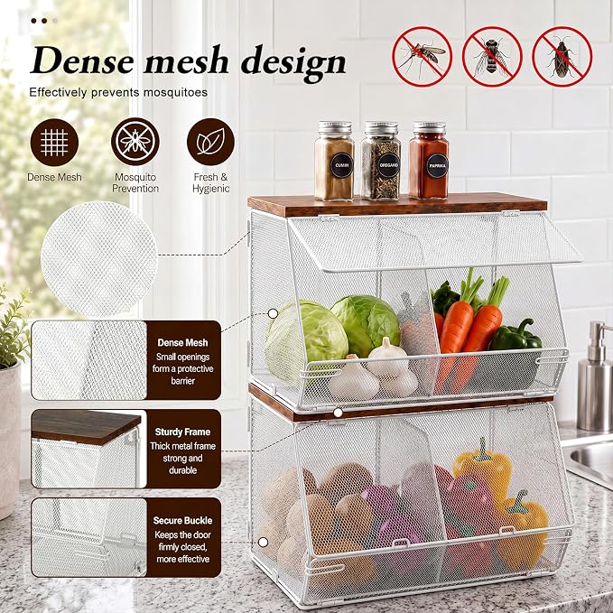 Teenyyou 2 Pcs Stackable Mesh Fruit Basket with Lid Wall Produce Vegetable Storage Basket Onion Potato Hanging Metal Wire Container for Kitchen Counter Pantry (Divided,White,8.3"w & 13.8"L) - Image 5