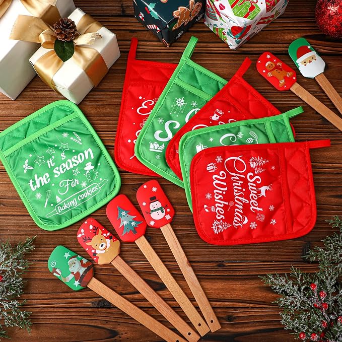 Yaomiao 12 Pcs Christmas Pot Holders with Silicone Spatula Set Wooden Handles Pot Holders for Christmas Kitchen Utensils xmas Baking Gifts for Neighbor Cooking Essentials(Cute) - Image 2