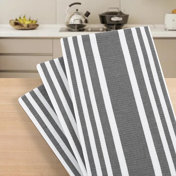 Homaxy Premium Cotton Stripe Kitchen Towels 12 Pack, 18"x 28", Black | Large 380 GSM Kitchen Hand Towels, Soft Terry Dish Towels, Highly Absorbent Tea Towel Set with Hanging Loop - Image 7