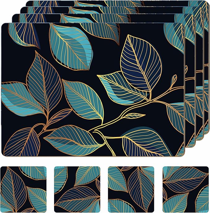 Set of 4 Heat Resistant Cork Placemats for Dining Table with Free Set of 4 Matching Drink Coasters Sage Green Marble Design 16 x 12 Inches Cork Backed Hard Placemats (Blue Gold Botanical) by Moderry