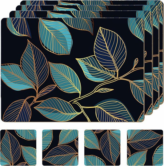Set of 4 Heat Resistant Cork Placemats for Dining Table with Free Set of 4 Matching Drink Coasters Sage Green Marble Design 16 x 12 Inches Cork Backed Hard Placemats (Blue Gold Botanical) by Moderry