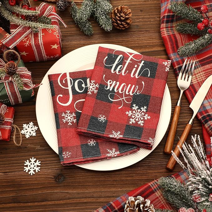 Funnymoom 24 Pcs Christmas Plaid Cloth Napkins Buffalo Gingham 15 x 15 Inches Snowflakes Black and Red Checked Cotton Dinner Napkins Soft Absorbent Washable for Holiday Winter Xmas Party - Image 2