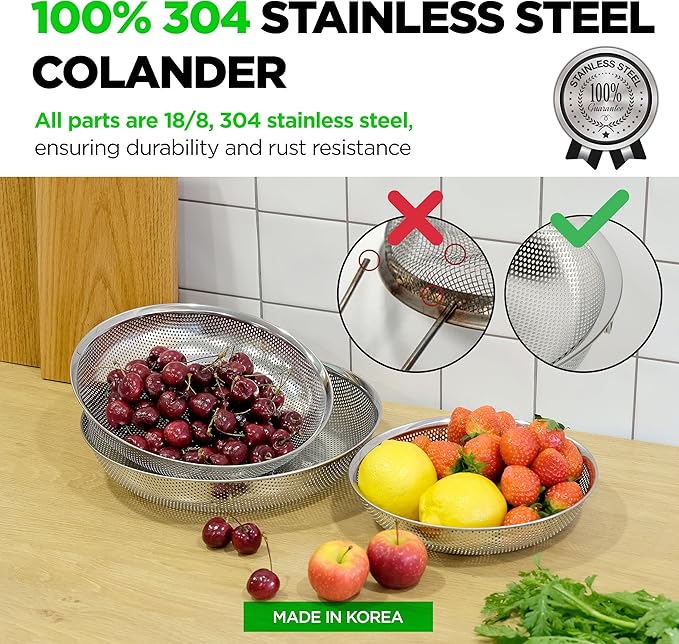 Shallow Stainless Steel Colander Set of 3 – Micro-Perforated Tray Strainers for Berries Vegetables Fruit, 18/8 304 Low Profile (2, 3, 4 Qt) Self-Draining Base, Dishwasher Safe, Made in Korea - Image 2