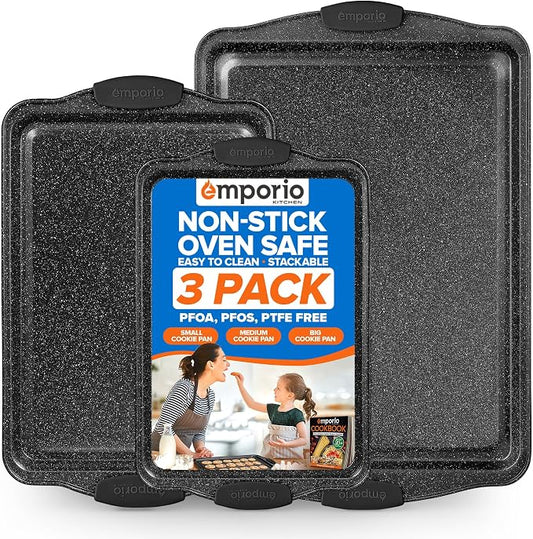 Emporio Kitchen Baking Pan Set - Nonstick Coating, Carbon Steel Bakeware Sets with Gray Silicone Handles, PFOA, PFOS, PTFE Free, Recipe Booklet Included, Oven Safe Tray (Up To 450° F), Set of 3 - Gray by Unknown