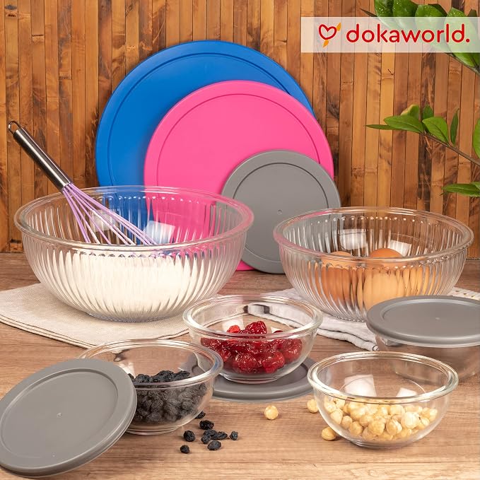 Set of 6 Stackable Space-Saving Nesting Glass Bowls with BPA Free Lids for Foodprep, Storage, Baking, Mixing & Cooking, Microwave Safe - Durable Inert Borosilicate Glass - Image 7