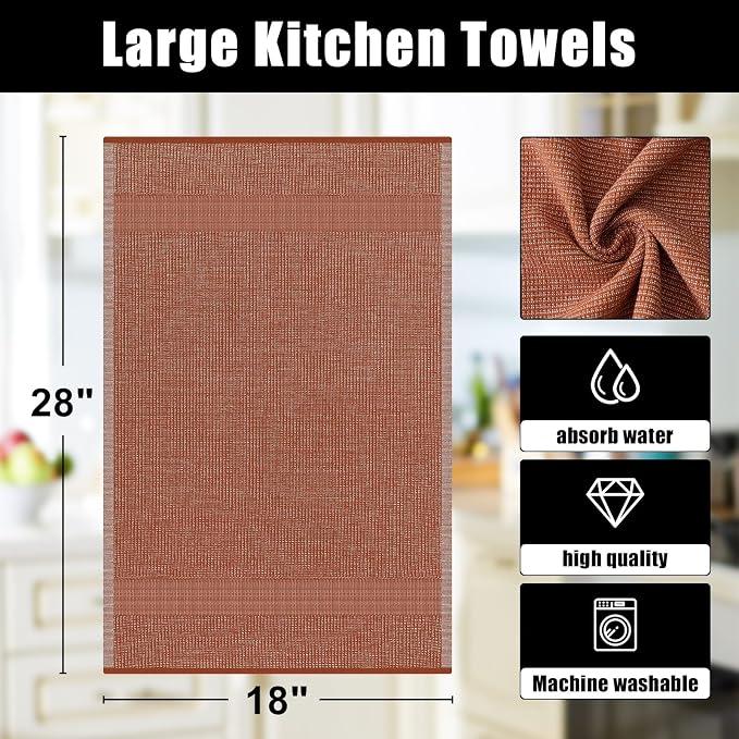 Homaxy 380 GSM Cotton Premium Kitchen Towels 3 Pack, 18"x 28", Rust | Flat and Terry Dish Towels, Highly Absorbent Tea Towel Set with Hanging Loop, Soft Utility Kitchen Hand Towels - Image 8