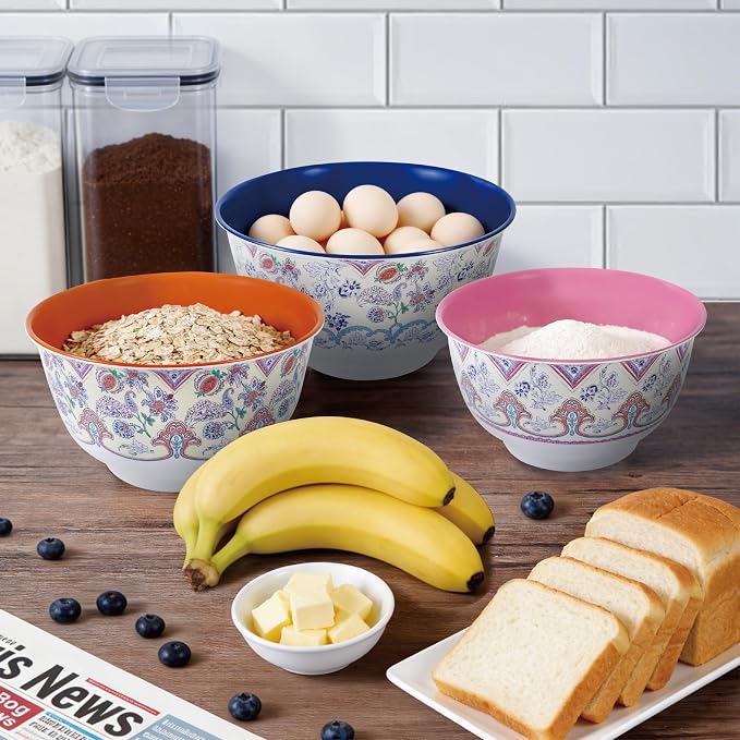 TP Melamine Mixing Bowl Set with Lids, Salad Bowl Set of 3, Ottoman Floral | Nesting Design,Break-resistant,Pasta & Salad Prep, Baking Prep, Space-saving Storage, Freezer Safe, Dishwasher Safe - Image 6
