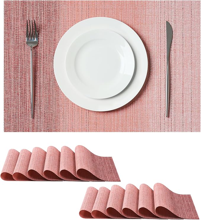 Leetaltree Gradient Pink Woven Placemats Set of 12 - Heat Resistant Non-Slip Place mats for Dining Table, Washable Durable PVC Vinyl Woven Table Mats(Gradient Pink, 12) by Leetaltree-ArtatEveryTable