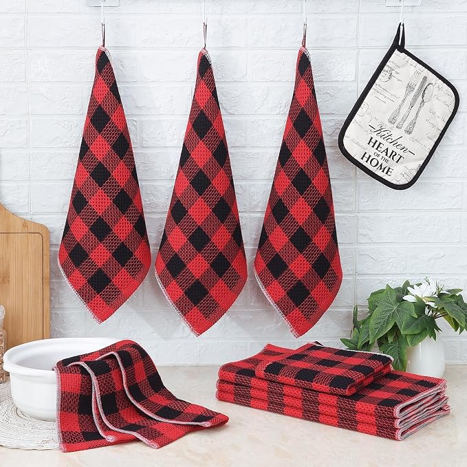 Homaxy Kitchen Towels and Dishcloths Set, Set of 8, Red & Black | Bulk Cotton Waffle Weave Check Plaid Kitchen Towels, Super Soft and Absorbent Dish Cloths, 12 x 12 and 13 x 28 Inches - Image 6