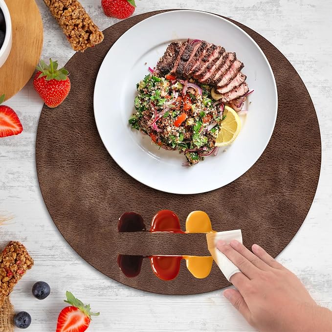 ADRIMER Placemats, Heat Resistant Round Placemats Set of 12 Washable, Waterproof Table Mats, Wipeable Faux Leather Place Mats for Kitchen, Dining Room, Brown - Image 3