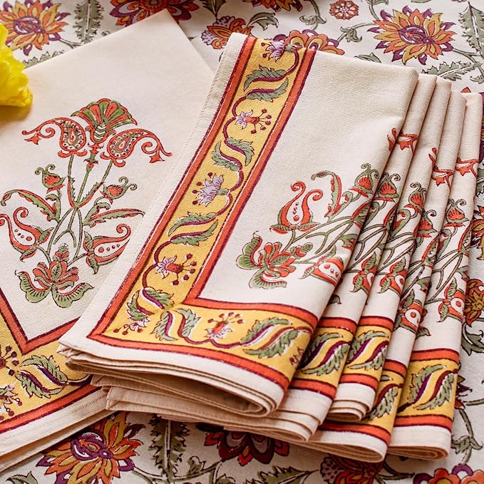 100% Orange Cotton Dinner Napkins, Set of 6, Hand Printed Orange Blossom Design, Fair Trade, Washable Cloth Napkins for Parties & Cocktails 20x20 in by SaffronMarigold
