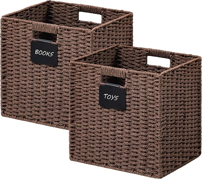 UBBCARE 2 Pack Wicker Basket, 10.5×10.5 Storage Cubes with Label, Foldable Cube Storage Bin with Handle, Square Storage Basket for Shelves, Woven Paper Rope Basket for Organizing, Brown by UBBCARE
