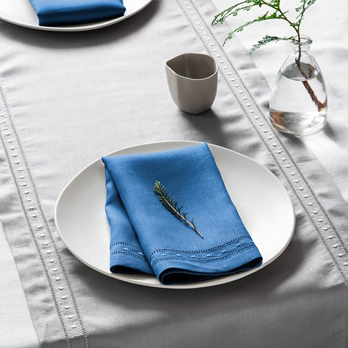 Linen Napkins Set of 4-100% Flax Linen Royal Blue Dinner Napkins with Embroidered Dot 18 x 18 inch - Hemstitch Cloth Napkins Washable for Summer and Wedding Decor - Image 3