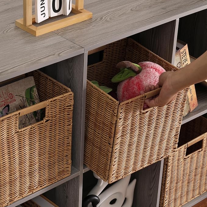 10.5 x 10.5 in Plastic Wicker Baskets for Cube Storage, Collapsible Square Wicker Storage Basket Set of 3, Rattan Storage Cube, Square Baskets for Shelves - Khaki - Image 4