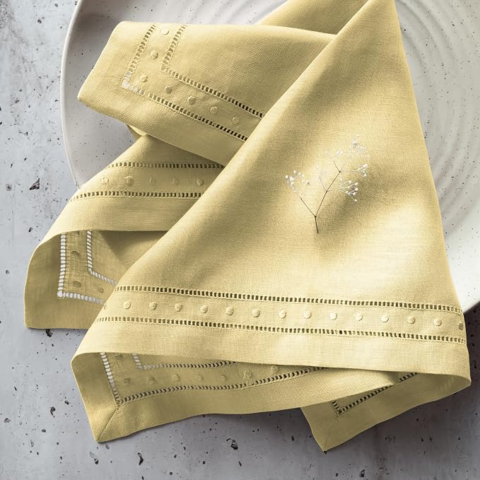 Linen Napkins 18 x 18 inch - 100% Flax Linen Yellow Dinner Napkins with Embroidered Dot 18 x 18 inch - Hemstitch Cloth Napkins Washable for Easter and Spring Decor - Image 4