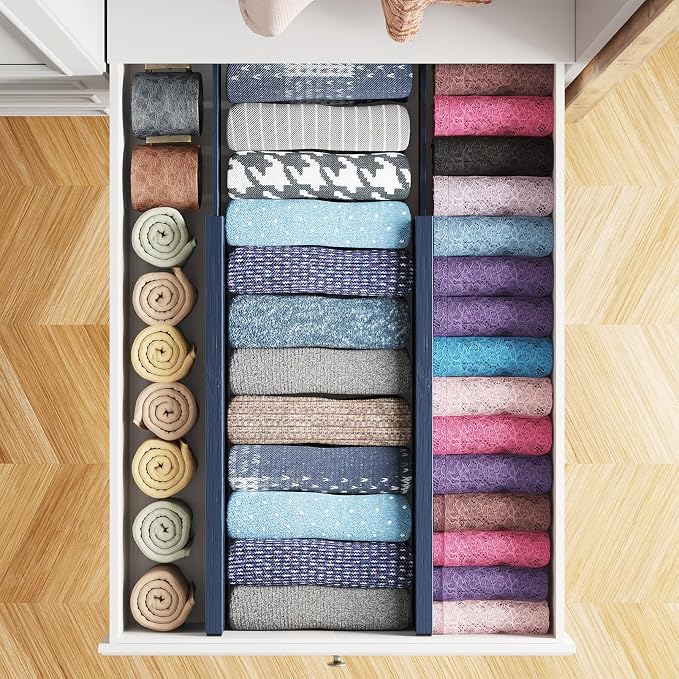 SpaceAid Bamboo 4 Pack Dresser Drawer Dividers, 4.65“ High Adjustable 17“-22” Drawer Organizers, Expandable Organization for Clothing, Clothes, Dressers, Navy Blue - Image 4