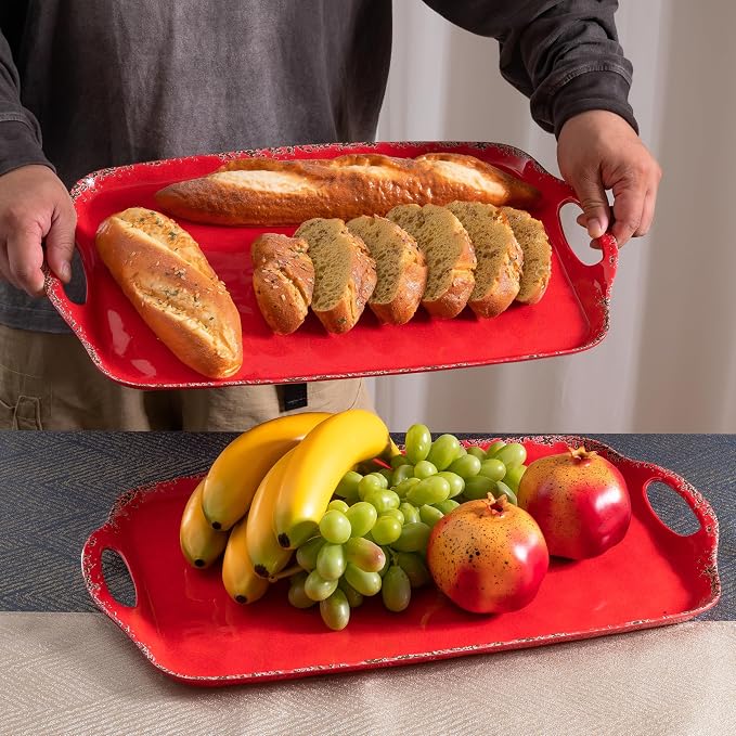 Christmas Large Melamine Serving Tray with Handle, Crackled Rustic Rectangle Melamine Serving Platter for Serving Food, Coffee Table Tray, Entertaining & Party Use, Set of 2, Christmas Red - Image 3