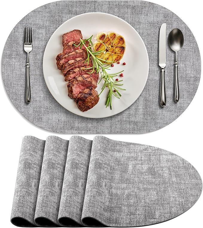 Placemats for Dining Table Set of 4 Non-Slip, Heat Resistant Oval Leather Placemat Double Layer, Waterproof Table Mats Easy to Clean for Kitchen Dining Room Coffee Office Table, Grey by Delicateandelegantplacemats