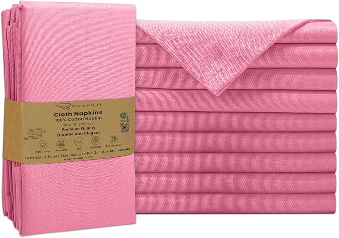 Ruvanti Cloth Napkins Set of 12, 100% Cotton High GSM 18x18 Inches Soft, Washable, Highly Durable & Absorbent, Perfect for Parties, Christmas, Thanksgiving Dinners – Pink Bubblegum by Ruvanti