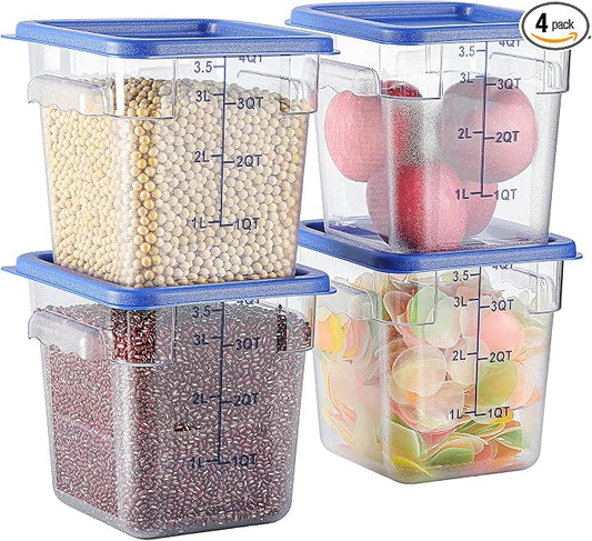 4 Pack 4 QT Food Storage Containers with Blue Lids Hot Cold Resistant Stackable Square Commercial Container Set with Handle, Clear Scarle Home Party Food Organizion BPA-Free Polycarbonate by EGGKITPO