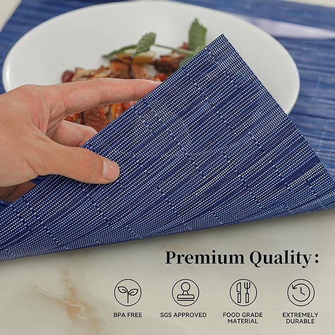 Leetaltree Blue Placemats Set of 8 - Heat Resistant Non-Slip Place mats for Dining Table, Washable Durable PVC Vinyl Woven Table Mats（Blue, 8） - Image 3