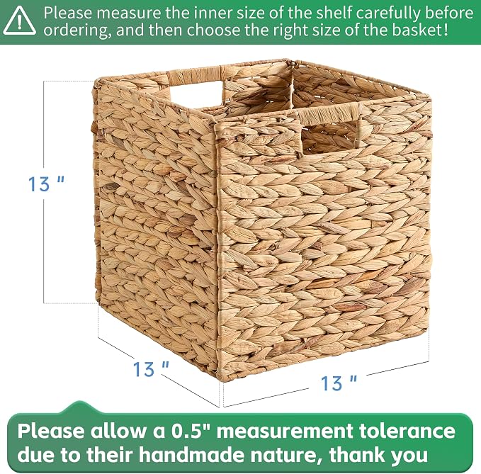 13x13x13 Wicker Storage Basket Set of 4, Water Hyacinth Woven Basket with Handles, Wicker Cube Storage Bins for Shelves, Foldable Square Storage Cubes for Living Room Bedroom Organizing, Natural - Image 2
