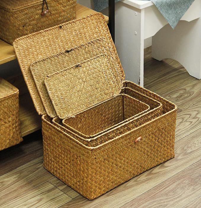 FEILANDUO Wicker Shelf Basket with Lids, Seagrass Storage Baskets Bins Rectangular Woven Baskets Boxes for Organizing Multipurpose Container Boho Home Decor Large Set of 3 - Image 8