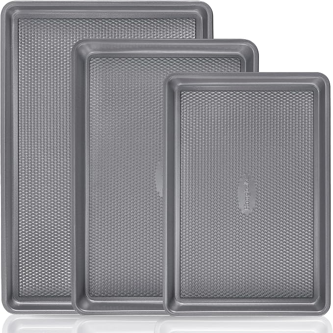 3 Pack Nonstick Ceramic Baking Sheet Pan Set for Oven, Non-Toxic Half/Quarter/Jelly Roll Pans with Diamond Texture, 0.8mm Aluminized Steel Cookie Trays for Cooking, Charcoal Gray by HONGBAKE