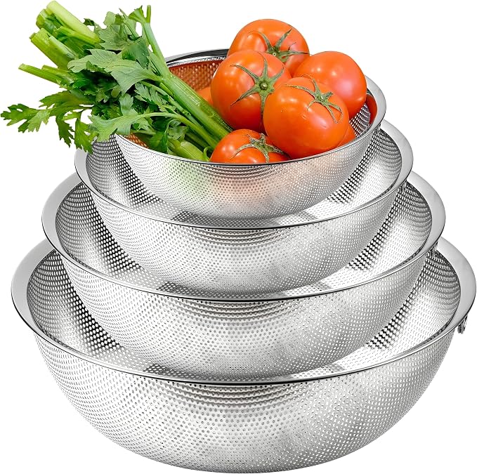 Premium 18/8 304 Stainless Steel Micro-Perforated Small and Big Colander Set of 4 with rings - 3.5-5.5-7.5-9.5 Quart Set, Self-Draining Solid Base for Pasta, Fruits, Vegetables by COMPORTK