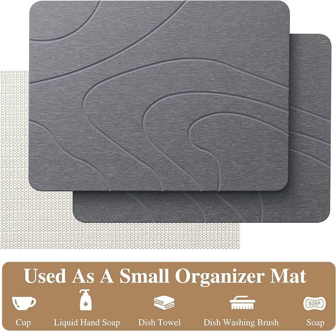 2 Pack Stone Drying Mat for Kitchen Counter, (Gray, 16''x12'') | Quick Dish Drying Stone Mat Kitchen,Stone Dish Drying Mat,Quick-Dry Absorbent Bath & Countertop Stone Dishes Mats - Image 6