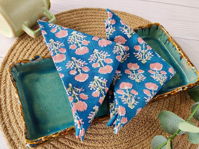 AVKA Studio Cotton Print Napkins 18x18 inches - Washable Cloth Dinner Napkins Set of 12 - Everyday Use or Dinner Party and Events - Teal Blue Indian Block Printed Soft Fabric - Image 3