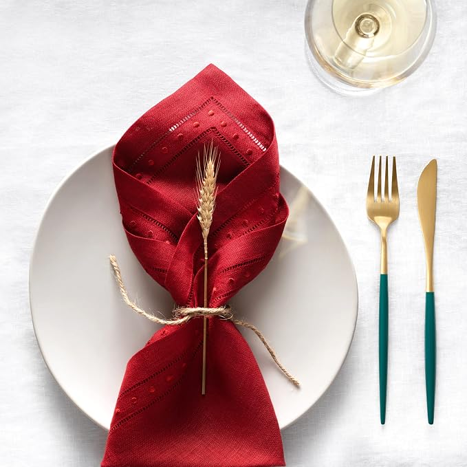 Linen Napkins Set of 4-100% Pure Linen Red Embroidered Dinner Napkins - Hemstitch Cloth Napkins Washable for Halloween, Christmas and Winter Decor - Image 7