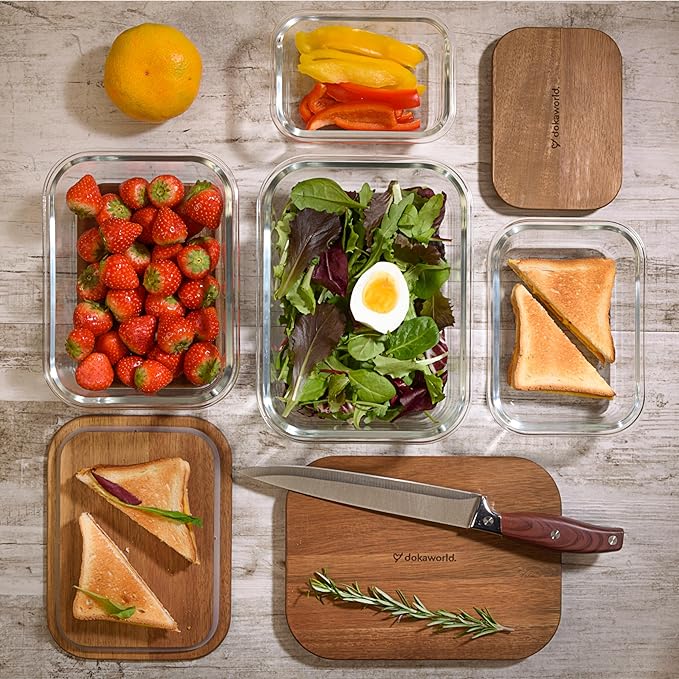 Glass Container Set with Acacia Lids - 4 Stackable Meal Prep Containers. Durable heat resistant Inert Borosilicate Glass - Image 8
