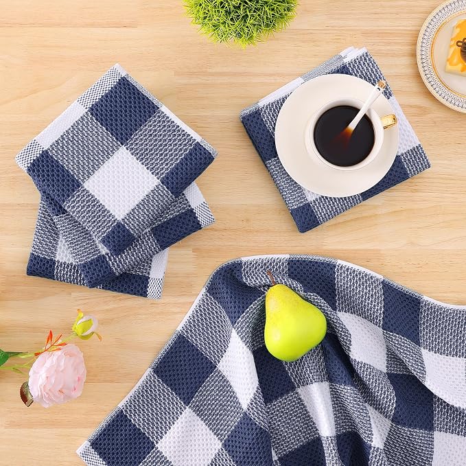 Homaxy Kitchen Towels and Dishcloths Set, Set of 12, White & Navy Blue | Bulk Cotton Waffle Weave Check Plaid Kitchen Towels, Super Soft and Absorbent Dish Cloths, 12 x 12 and 13 x 28 Inches - Image 7