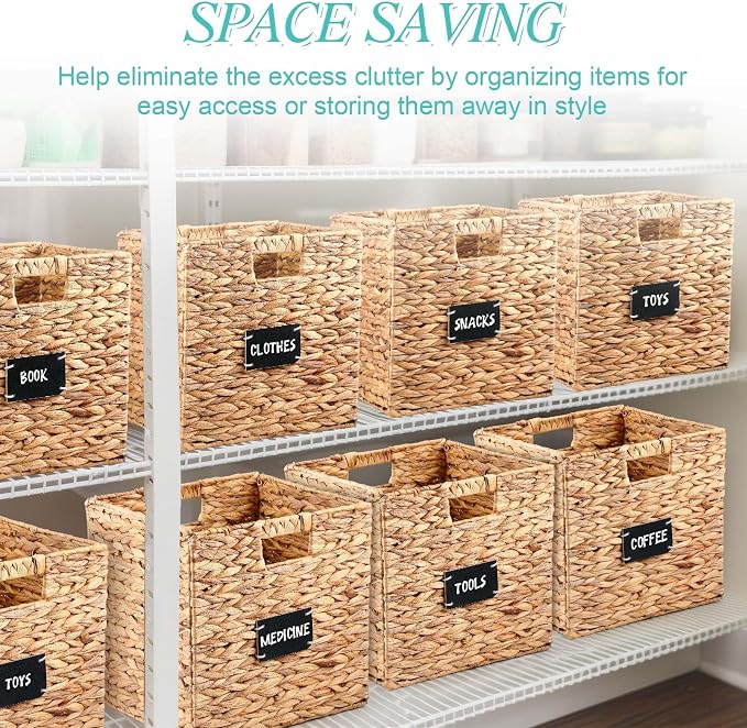 Jinei 12 Pcs Wicker Storage Basket Bulk, 12 x 12 Inch Handwoven Water Hyacinth Folding Cube Bin with Handles Labels for Shelves Pantry Laundry Organization - Image 7